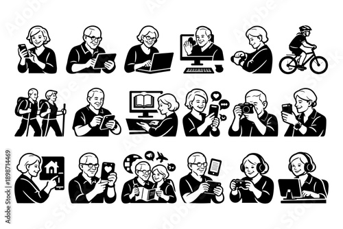 Seniors actively engaged with modern technology and hobbies in diverse activities