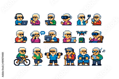 Pixel art seniors embracing modern technology and active lifestyles with diverse activities