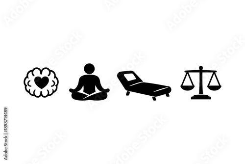 Icons representing mental health, therapy, and balance in life