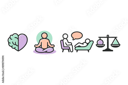 Mental health concepts: mind-body balance, therapy, and justice icons