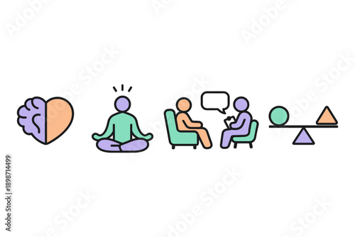 Mental health icons representing balance, therapy, and self-care concepts