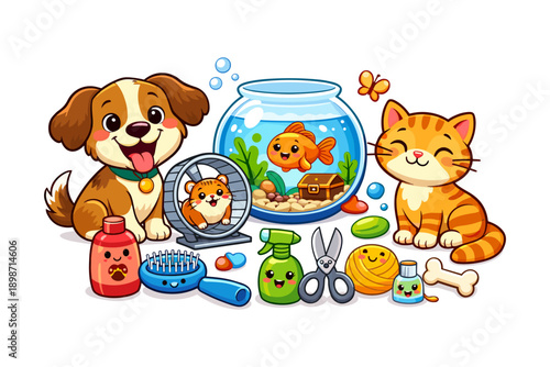 Cute cartoon pets and accessories, perfect for pet care and animal lovers