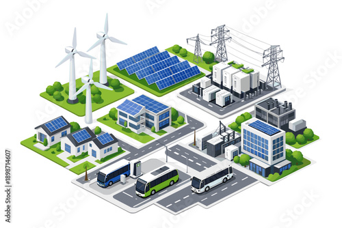 Isometric view of a sustainable city powered by renewable energy sources like solar and wind