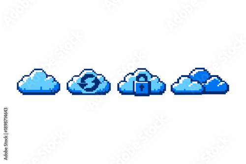 Pixel art cloud icons representing data storage, sync, and security concepts