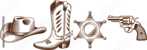 Classic wild west cowboy icon collection. Engraved hat, leather boot, sheriff star and revolver symbols. Vintage western vector illustration isolated on white background.
