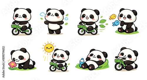 Cute cartoon pandas engaging in playful activities