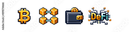 Pixel art icons for Bitcoin, blockchain, crypto wallet, and DeFi