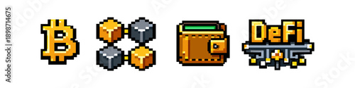 Pixel art icons representing Bitcoin, blockchain, wallet, and DeFi technology
