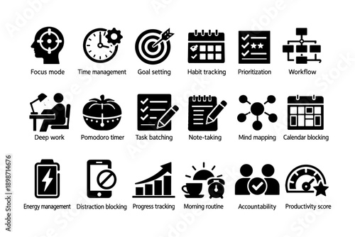 Productivity and time management icons for planning, focus, and goal achievement