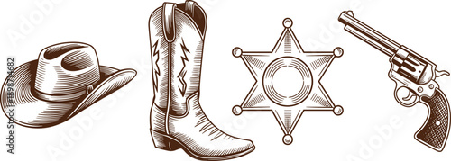 Vintage western cowboy icon set. Hat, boots, sheriff badge and revolver in hand drawn engraving style. Old west themed vector illustration isolated on white background.