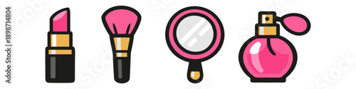 Collection of pink makeup items including lipstick, brush, mirror, and perfume bottle