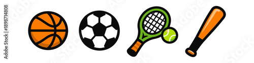 Collection of popular sports equipment icons: basketball, soccer, tennis, and baseball bat