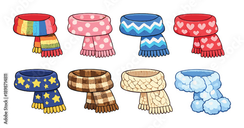 Colorful cartoon scarves collection with patterns and designs