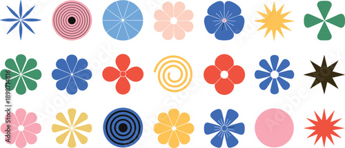 Abstract flower and geometric shape icon set. Colorful floral symbols, spirals and star elements in flat style. Modern decorative vector collection isolated on white background.