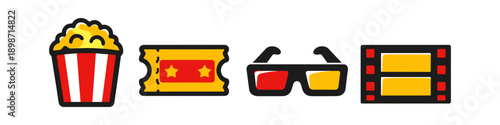 Collection of cinema icons: popcorn, ticket, 3D glasses, and film strip