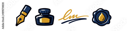 Set of icons representing writing and sealing with ink, pen, signature, and wax seal