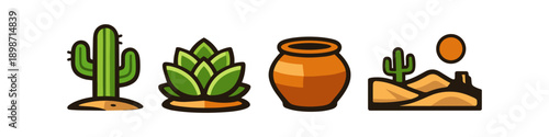 Desert landscape icons with cactus, succulent, pot, and sun over dunes