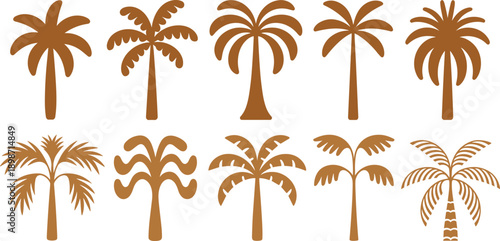 Golden palm tree icon set. Tropical coconut and date palm silhouettes in flat style. Summer nature and beach decoration vector collection isolated on white background.