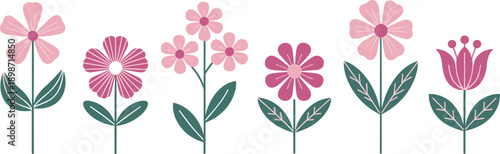 Elegant pink flower icon set. Hand drawn floral plants with decorative leaves in flat style. Botanical spring illustration vector isolated on white background.