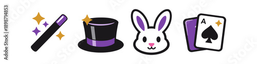 Magic show icons: wand, top hat, rabbit, and playing cards with ace of spades
