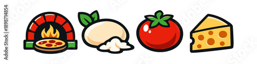 Pizza ingredients and oven icons: tomato, mozzarella, cheese, and brick oven with pizza