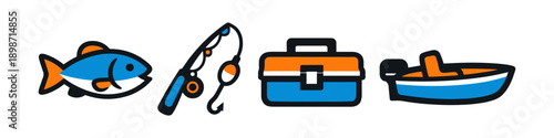 Fishing gear and boat icons: fish, rod, tackle box, and vessel