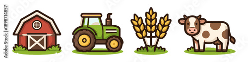 Cute cartoon farm icons including barn, tractor, wheat, and cow on white background