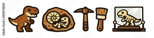 Cute cartoon dinosaur fossils and paleontologist tools in a simple illustration