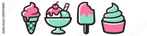 Collection of stylized ice cream treats in pastel pink and mint green colors
