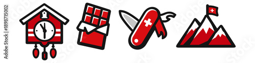 Iconic Swiss symbols: cuckoo clock, chocolate, pocket knife, and mountains with flag