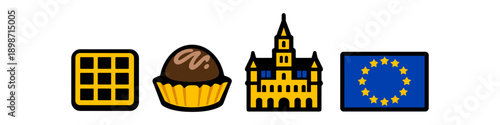 Belgian Icons: Waffle, Chocolate, Parliament Building, and European Union Flag