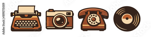 Vintage icons of typewriter, camera, rotary phone, and vinyl record on white background