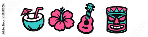 Tropical vacation icons: coconut drink, hibiscus flower, ukulele, and tiki mask