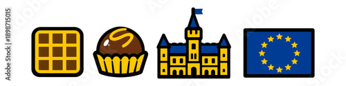Belgian icons: waffle, chocolate, castle, and European Union flag