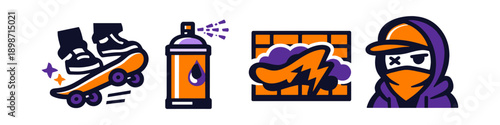 Graffiti art icons: skateboarder, spray can, wall art, and masked artist