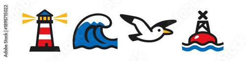 Nautical icons: lighthouse, wave, seagull, and buoy on white background