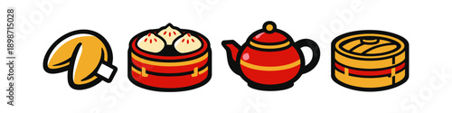 Collection of stylized Asian food icons including fortune cookie, dumplings, teapot, and dim sum basket