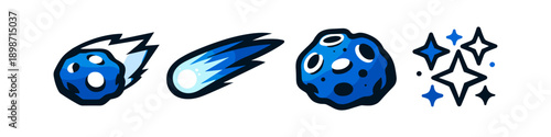 Set of cartoon meteors, comets, and stars in blue tones