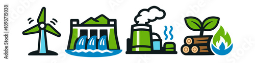 Collection of icons representing different renewable energy sources and industrial power generation