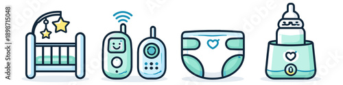 Collection of baby care essentials including crib, baby monitor, diaper, and bottle warmer