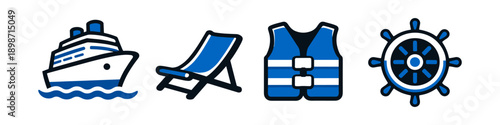 Set of nautical icons: cruise ship, deck chair, life vest, and ship's wheel