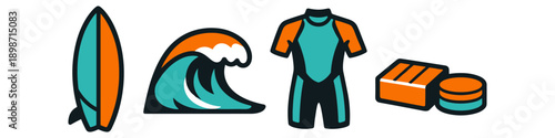 Surfboard, wave, wetsuit, and surfboard wax icons representing water sports and beach activities