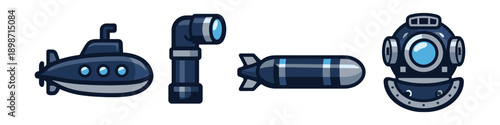Collection of underwater exploration and military equipment icons