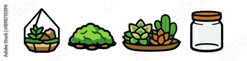 Collection of stylized potted plants and a glass jar for gardening projects