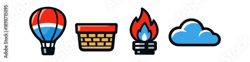 Collection of four simple icons: hot air balloon, basket, fire, and cloud