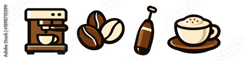 Collection of coffee making icons: espresso machine, beans, frother, and cappuccino