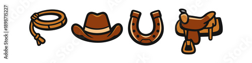 Collection of cowboy essentials: lasso, hat, horseshoe, and saddle
