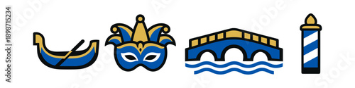 Venetian icons: gondola, mask, bridge, and lighthouse on white background