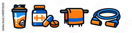 Fitness and workout essentials: shaker, supplements, towel, and jump rope icons