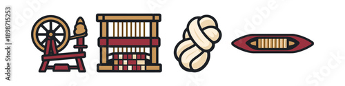 Icons representing the process of textile creation from spinning to weaving